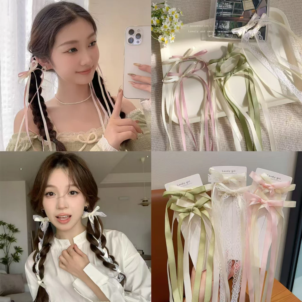 Rubuyou 1ชิ้น าทกิ๊บติดผมโบว์ริบบิ้นลูกไม้น่ารักY2Kสไตล์เกาหลีแฟชั่นหวานหางม้าเครื่องประดับผมสำหรับผู้หญิงเรียบง่าย
