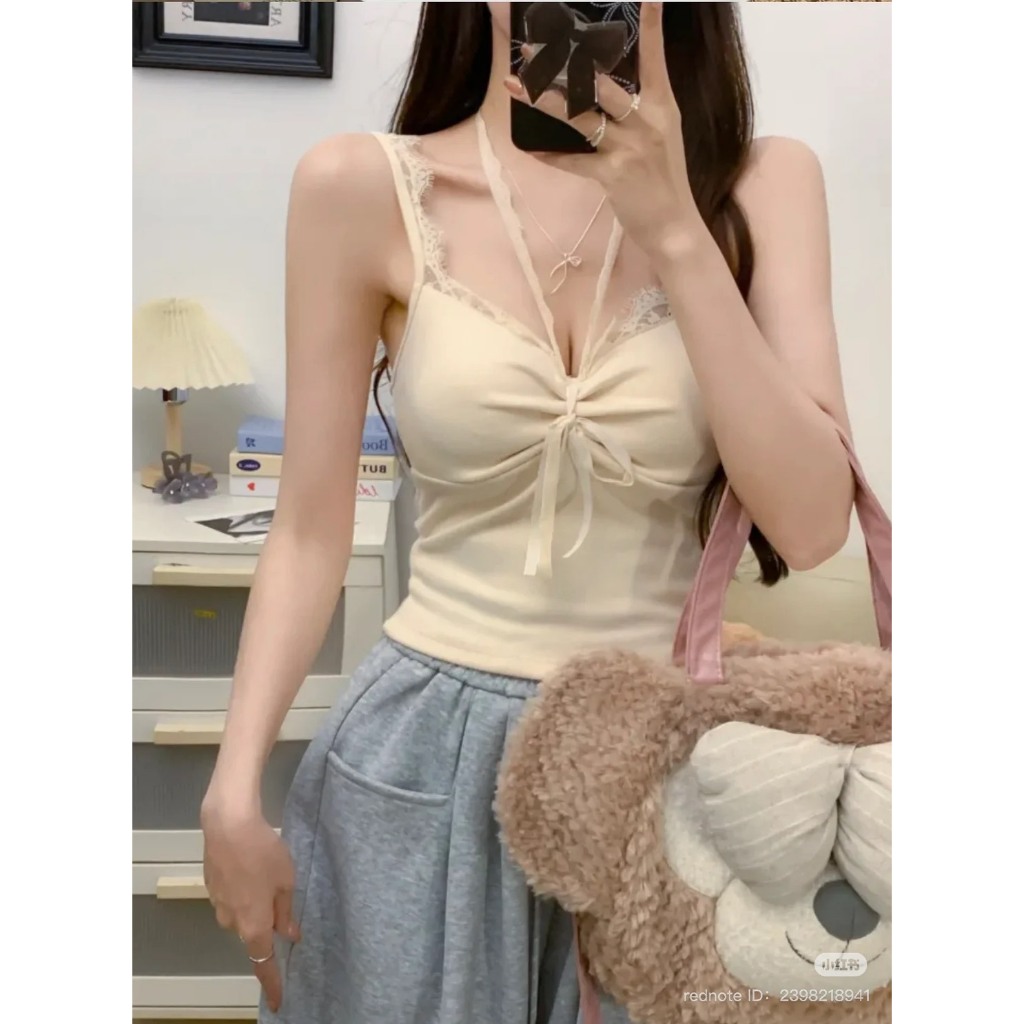 ❣️B-285❣️เสื้อสายเดี่ยว ดีเทลสายลูกไม้คล้องคอผูกหน้า เสื้อฟรีไซส์มีฟองน้ำในตัว❣️ ราคา ถูกที่สุด ดีลบีเคเค แกลเลอรีภาพที่ 3
