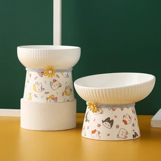 Pet Cat Bowl ชามเซรามิคปากชามน้ำดื่มป้องกันคอคว่ำชามเท้าสูงอุปกรณ์แมว