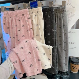 Babyonline(Y480)N5 (ส่งด่วน1วัน)กางเกงขายาวแฟชั่นสำหรับเด็กผู้หญิงลายโบว์น่ารัก ผ้านิ่ม ใส่สบาย