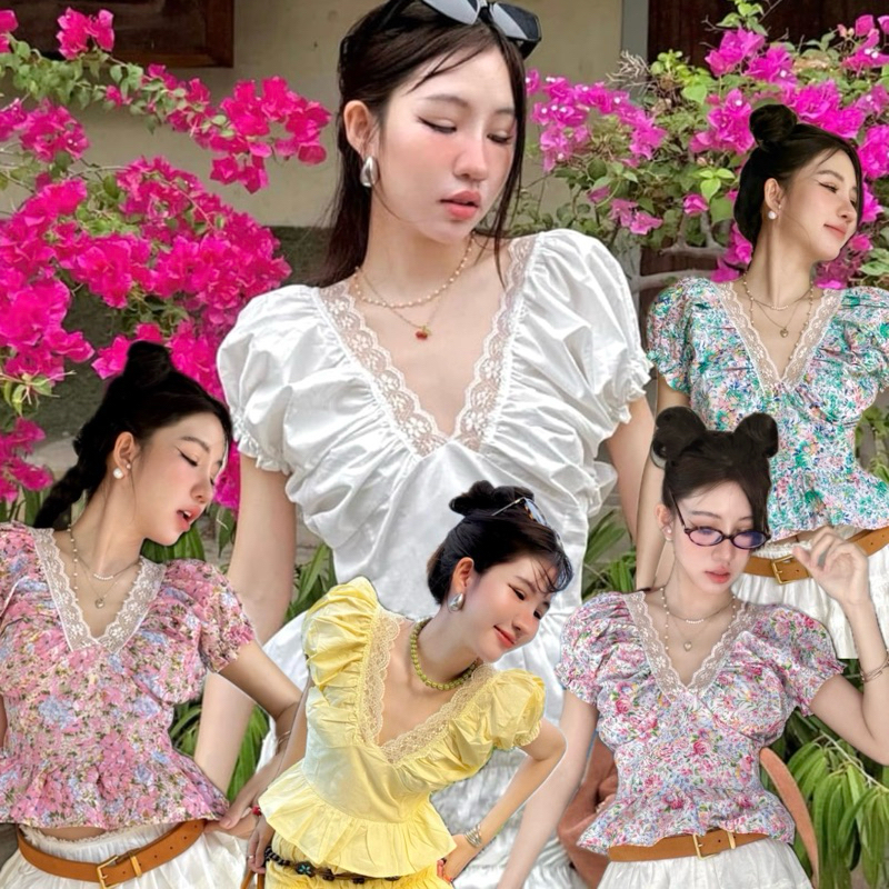 🌼งานป้าย suwimol 🌼 เสื้อคอวีลูกไม้ลายดอก แขนจั้ม เอวจั๊มบอลลูน ลายดอกสดใส