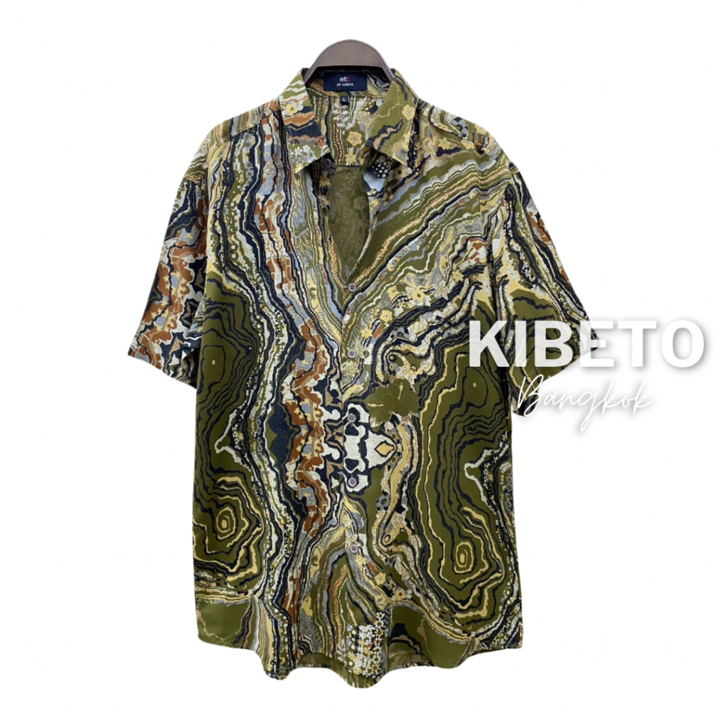 Kibeto เสื้อฮาวาย ลายหินอ่อนมาร์เบิ้ล สีเขียวขี้ม้า ผ้าสปันเรยอน เนื้อนิ่ม ใส่สบาย M L XL 2XL 3XL