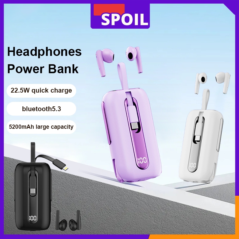 แบตสำรองขนาด 5200mAh ชาร์จเร็วแบบพกพา 3 เอาท์พุต พร้อมชุดหูฟังบลูทูธในตัว มีสามสีให้เลือก