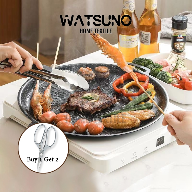 Watsuno.ถาดปิ้งย่าง เคลือบกันติด จานบาร์บีคิว กระทะปิ้งย่างเกาหลี ทรงแบน ย่างเนย/สเต็ก