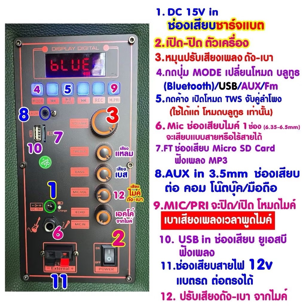 SKG ลำโพง บลูทูธ ล้อลาก 12นิ้ว 40W RMS. ไมค์ลอย 2ตัว เสียงดี เบสแน่น รุ่น KG-078 สีเขียว ราคา ถูกที่สุด ดีลบีเคเค แกลเลอรีภาพที่ 5