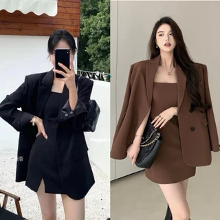(YY) เซต มินิเดรส+เบลเซอร์แขนยาว ตัวเดรสสายปรับระดับได้ ใส่ทำงาน ใส่ไปประชุมดีสุดๆ ผ้าดี เสื้อผ้าสาวอวบอ้วน ไซส์ใหญ่