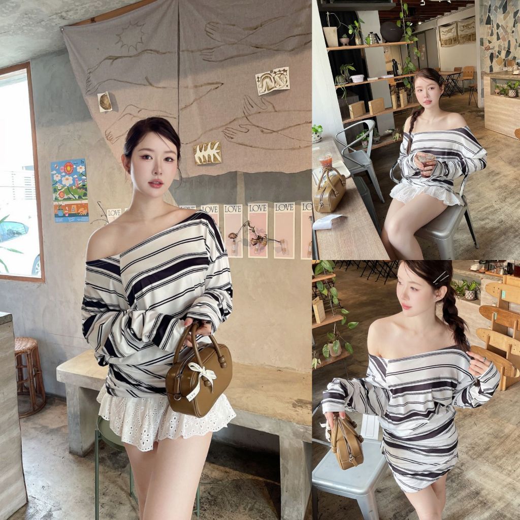 SLYQ SLASH STRIPE TUNIC TOP เสื้อแขนยาวปาดไหล่ลายขวาง ใส่เป็นเดรสได้