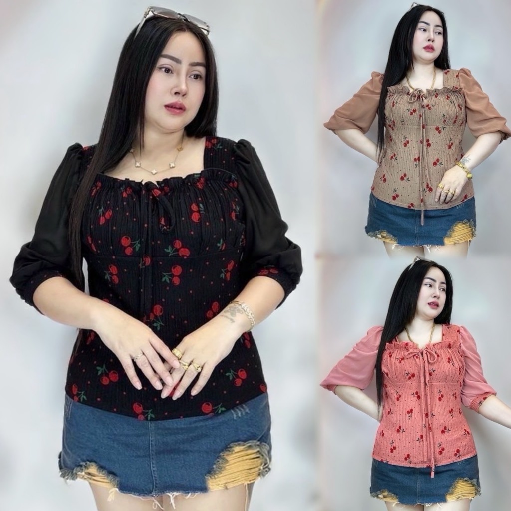 เสื้อสาวอวบน่ารักร้านปอปัง อก38-44 ยาว26 ผ้าท๊อฟฟี่พิมพ์ลาย แตงแขนผ้าชีฟอง**รุ่น จั้มอกแขนชีฟองผ้าท๊อฟฟี่ลายเชอร์รี่