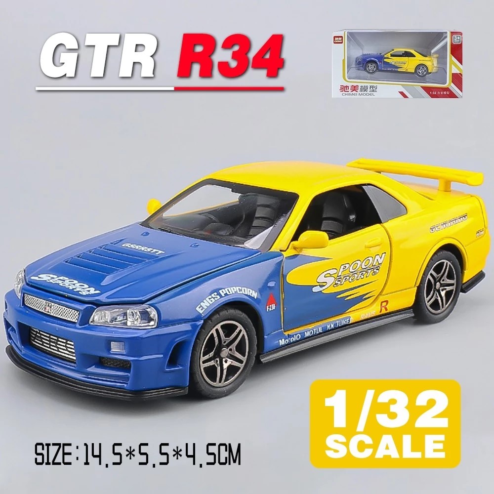 Fat Boy  Nissan GTR R34 โลหะของเล ่ นรถDiecastสําหรับชายเด ็ กจําลองเสียงแสงของขวัญงานอดิเรกคอลเลกชั