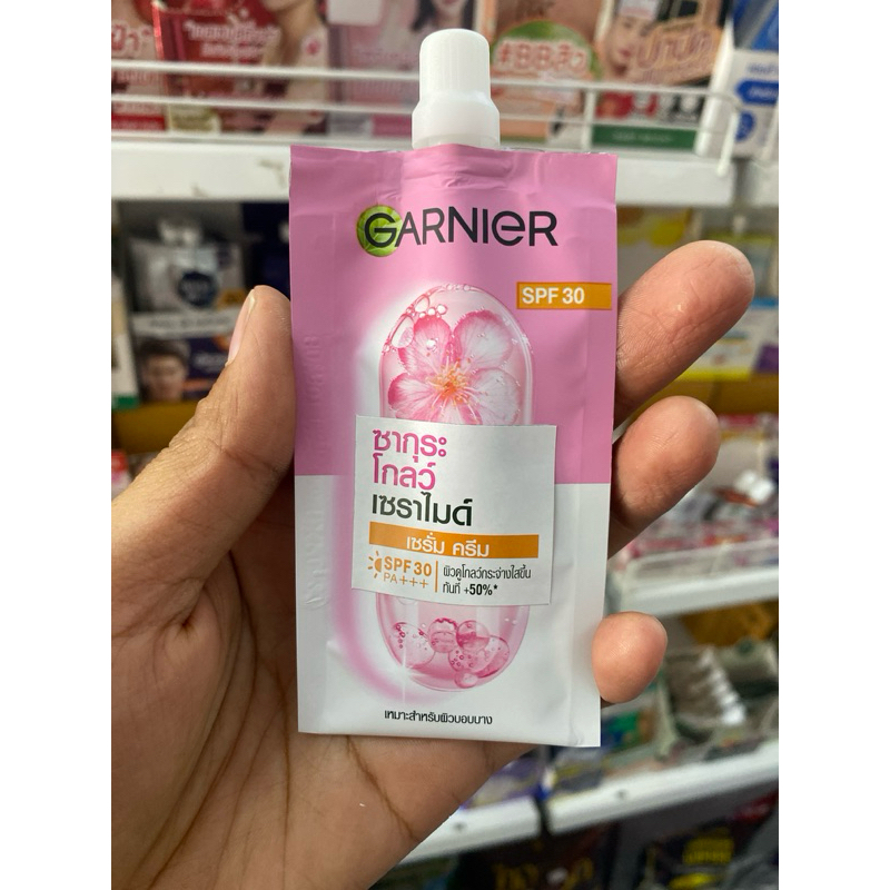 (ซอง)การ์นิเย่ ซากุระ ไฮยาลูรอน เซรั่มครีม 7 กรัม Garnier Skin Naturals Sakura Whte Hyalurin  Serum Cream7 g.