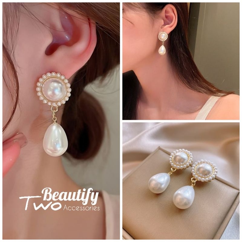 ต่างหูทรงกลมล้อมมุกประดับจี้ไข่มุกรูปหยดน้ำหรูหราสไตล์ฝรั่งเศส
