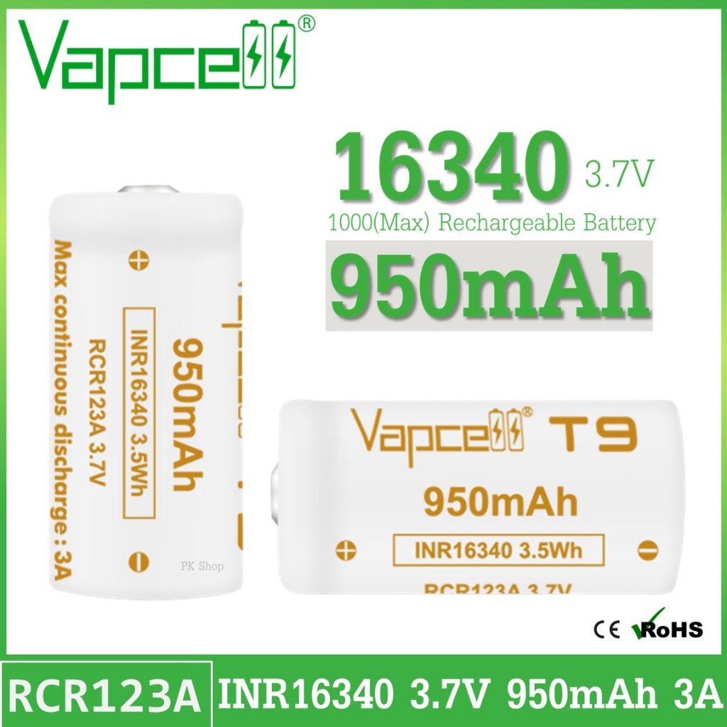 Vapcell ถ่านชาร์จ T9 16340 RCR123A 950mAh 3.7V แบตเตอรี่ลิเธียม ใช้กับไฟฉาย/กล้อง/ของเล่น