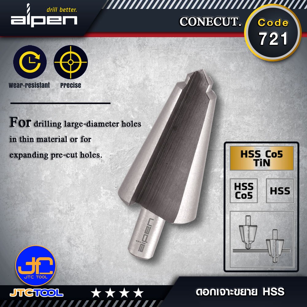 ALPEN ดอกสว่าน เจาะขยาย ไฮสปีด HSS Co5 Tin Code 721 - Conecuts HSS Code 721