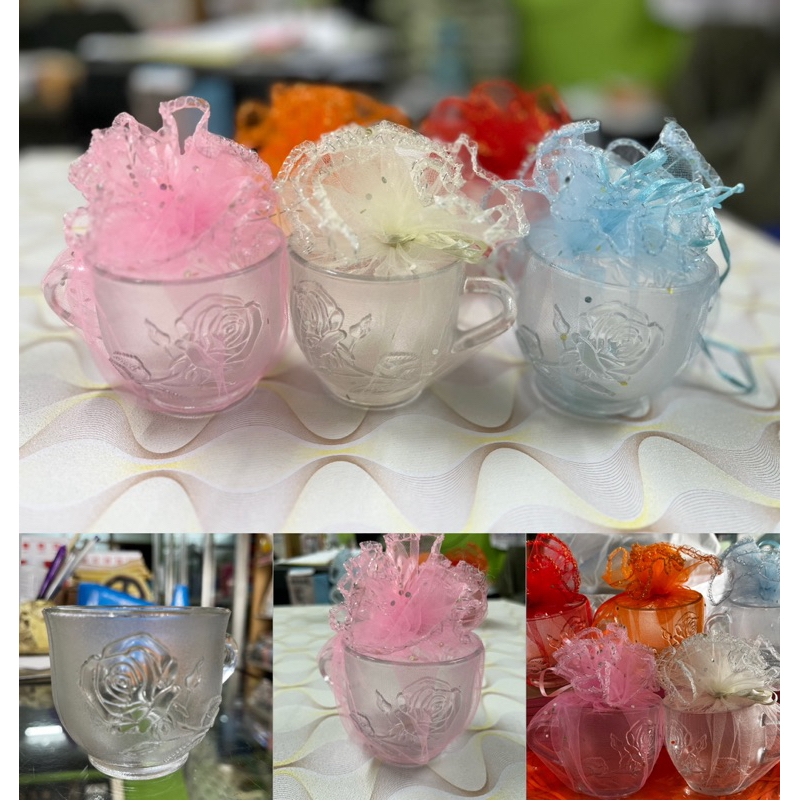 ของชำร่วยแก้วกาแฟห่อผ้าแก้วชมพู