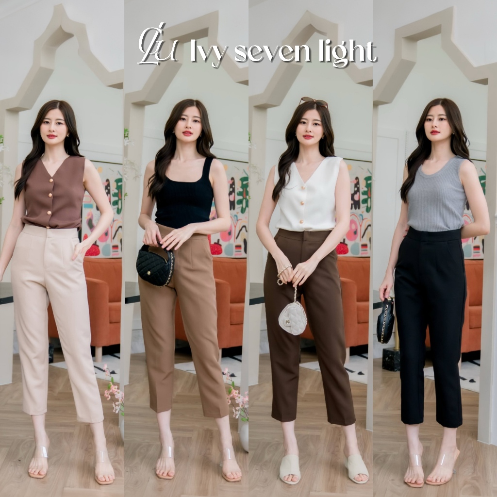 Glucoat | [T117] กางเกง 7 ส่วน ผ้าไอวี่พรีเมี่ยม เอวสูง ซิปหน้า ตะขอหน้า