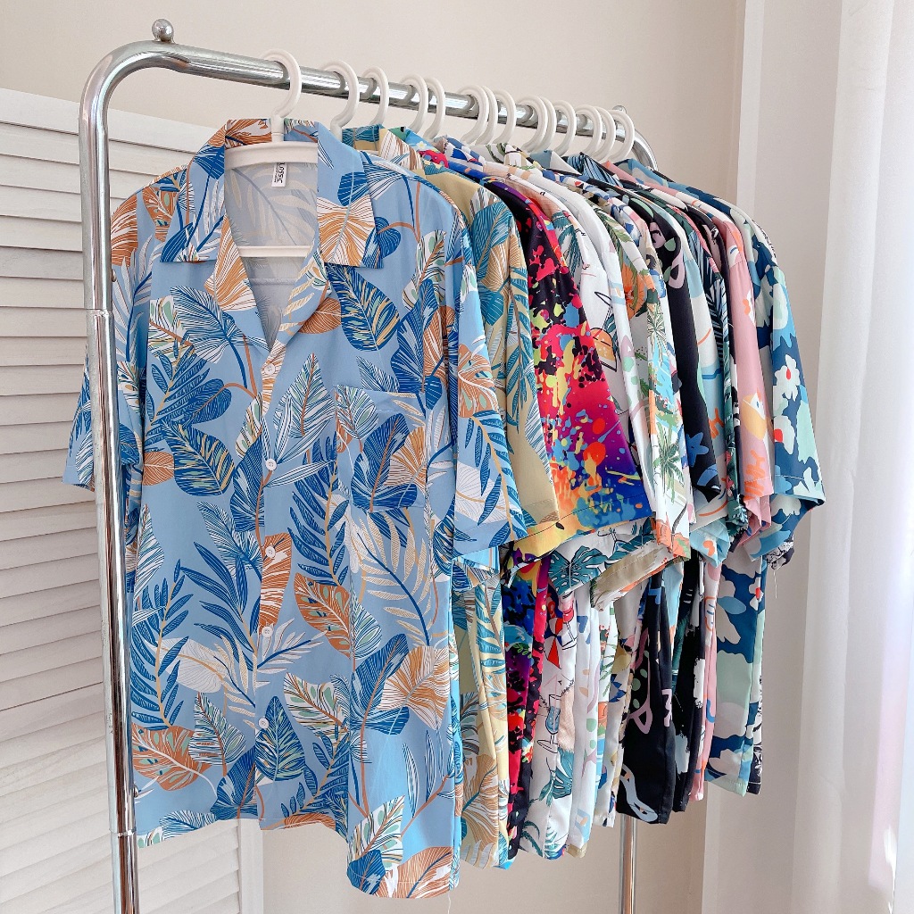 เสื้อเชิ้ต'ฮาวาย ผ้าไหมอิตาลี่ ลายใหม่ 2025 สาดสีลายดอก ทรงวัยรุ่น หญิงชายใส่ได้ อก 46 นิ้ว