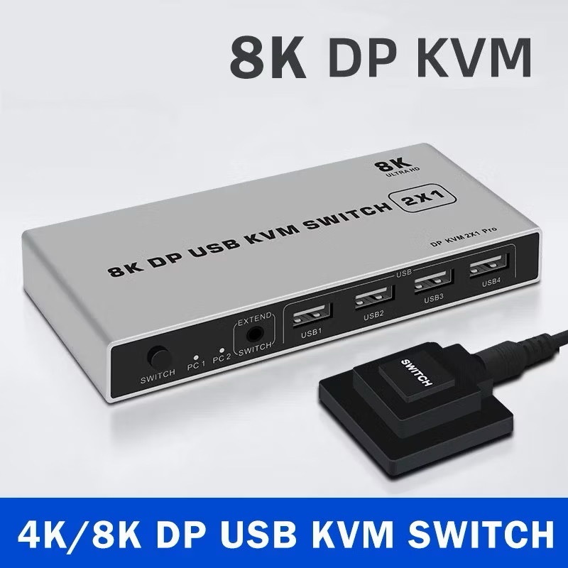 8K 60Hz Displayport KVM Switch 2x1 DP USB KVM Switcher 2 in 1 out 4K 60Hz DP Switcher 2 PC 1Monitor