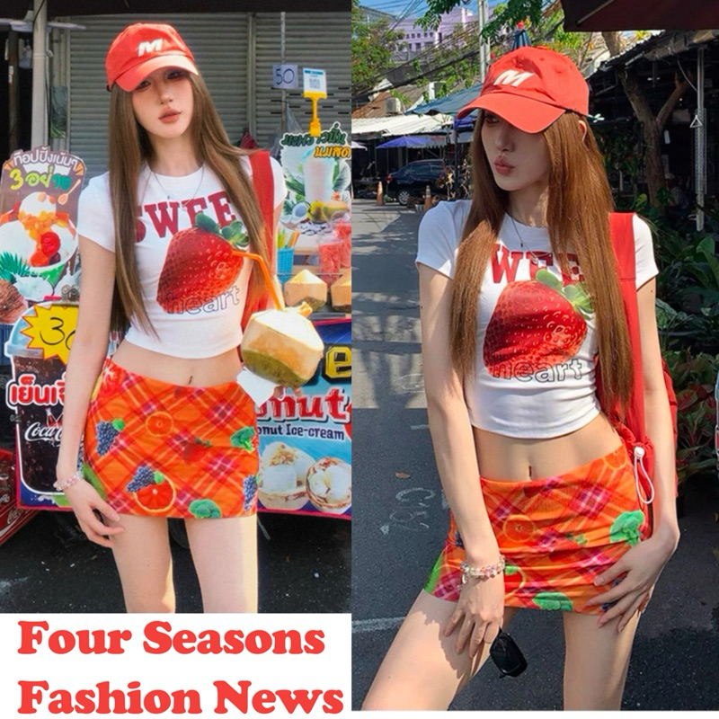 STR🍓พร้อมส่ง🍓เสื้อครอป เสื้อยืดสีขาว Y2Kสุดฮิตผู้หญิงแขนสั้น พิมพ์สตรอเบอร์รี่ ทรงรัดรูป น่ารัก ใส่สบาย สไตล์สาวเกาหลี