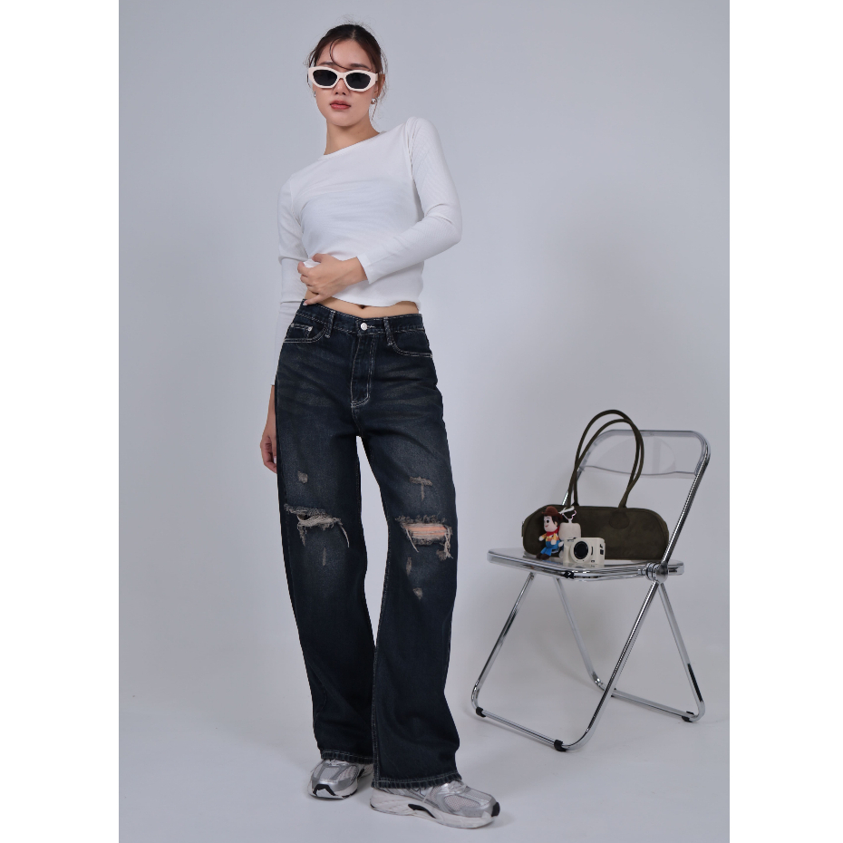 ยีนส์ Nammon Jeans BA04 กางเกงยีนส์กระบอกใหญ่เทาฟอก (Monster) - ผ้าไม่ยืด