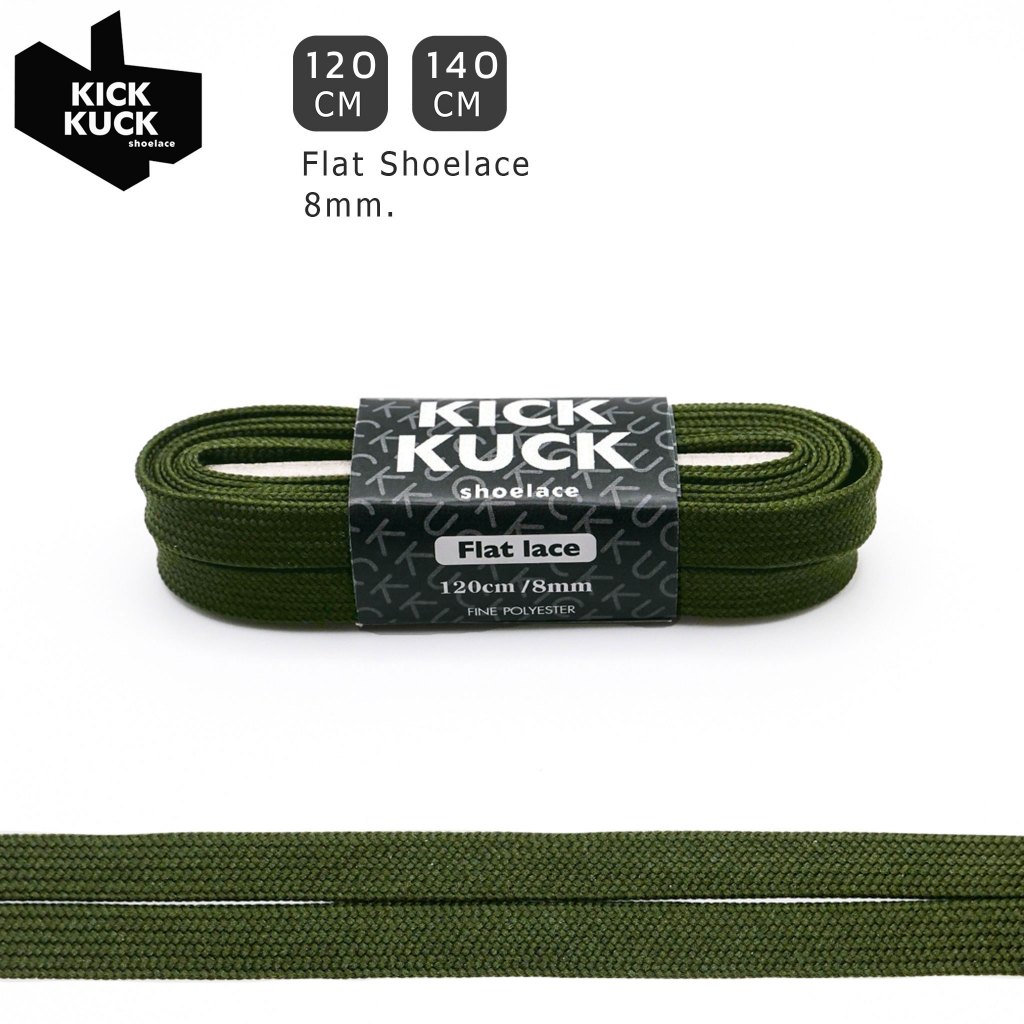 (หนา2ชั้น ไม่บาง) KICKKUCK เชือกรองเท้าสีเขียวทหาร Military Green FLAT8mm. ความยาว120.140cm. มาตรฐานส่งออก