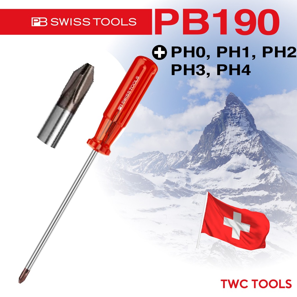 PB Swiss Tools ไขควง แฉก รุ่น PB 190 ปากแฉก ขนาด PH 2, 3, 4 ด้ามพลาสติก Swiss Made PB190