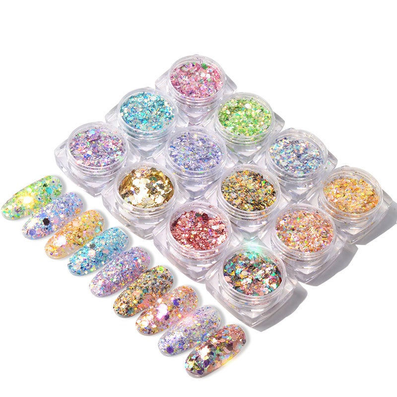 ผงกลิตเตอร์แต่งเล็บ มี 12 เฉดสี ผงกลิตเตอร์ออโรร่า กากเพชร แต่งเล็บ