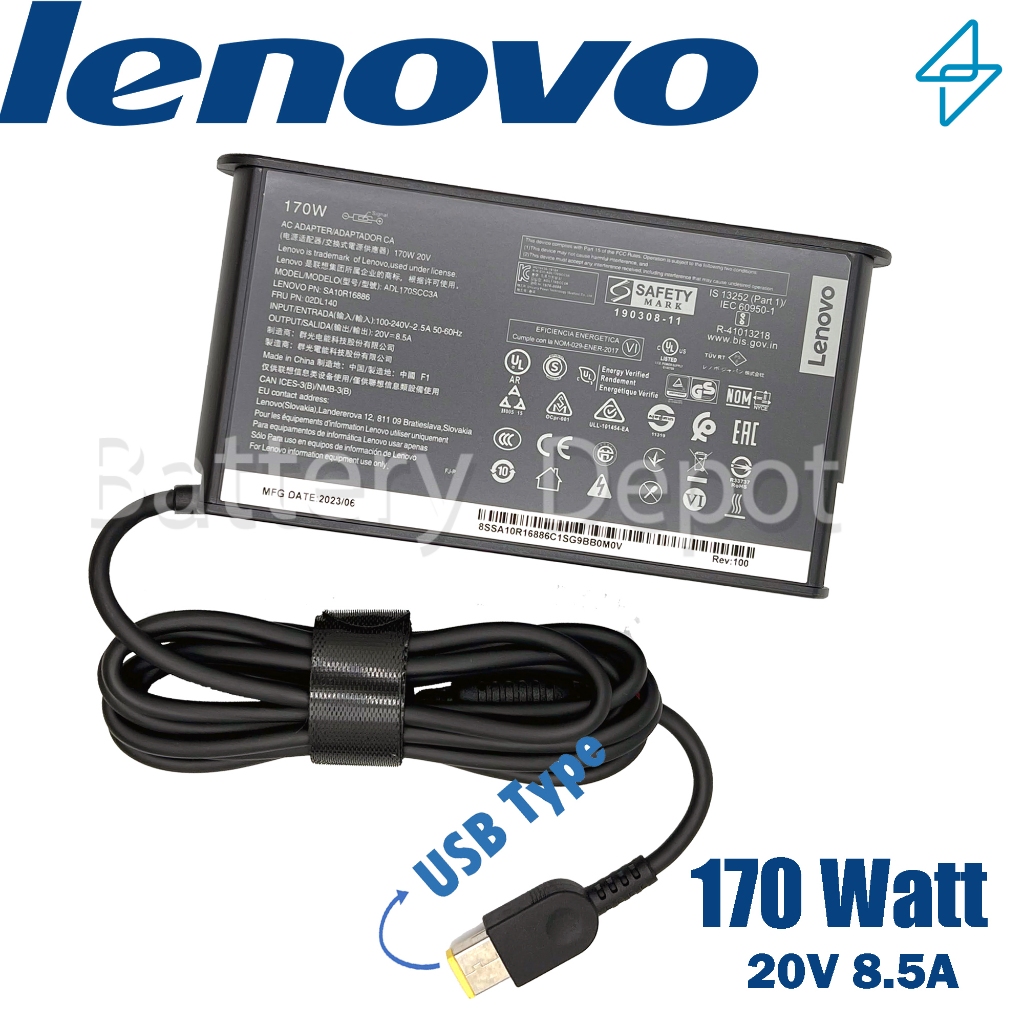 รุ่นใหม่ Lenovo Adapter ของแท้ Lenovo 20V/8.55A 170W หัว USB สายชาร์จ Lenovo LOQ 15IAX9, 15IAX9I สาย
