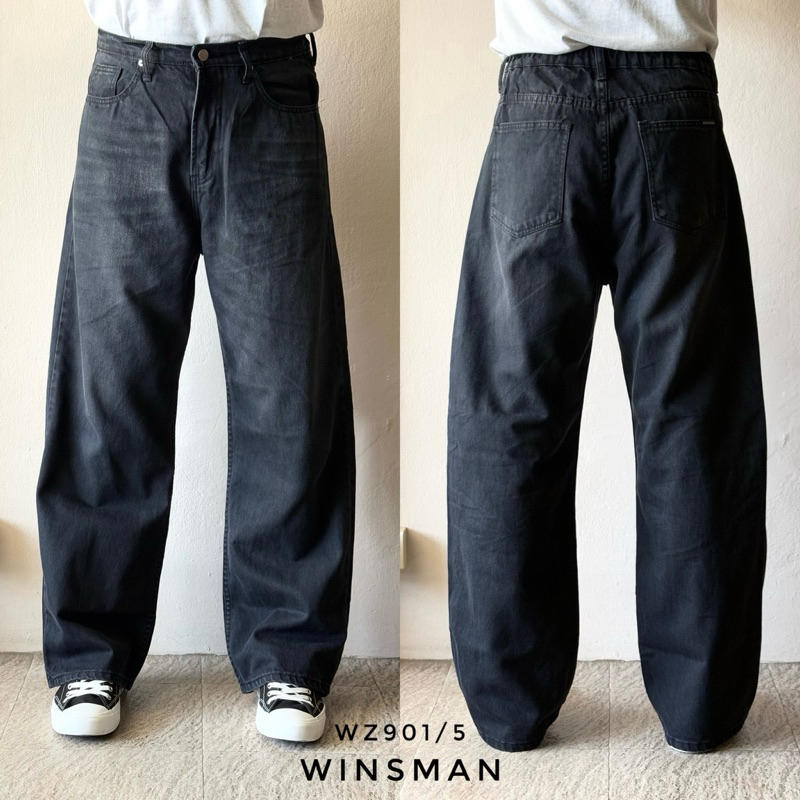 WINSMAN รุ่นWZ901  กางเกงยีนส์กระบอกใหญ่ Loose-fit เอวยางสม็อกเป้าซิปฟอกขัดเฟด