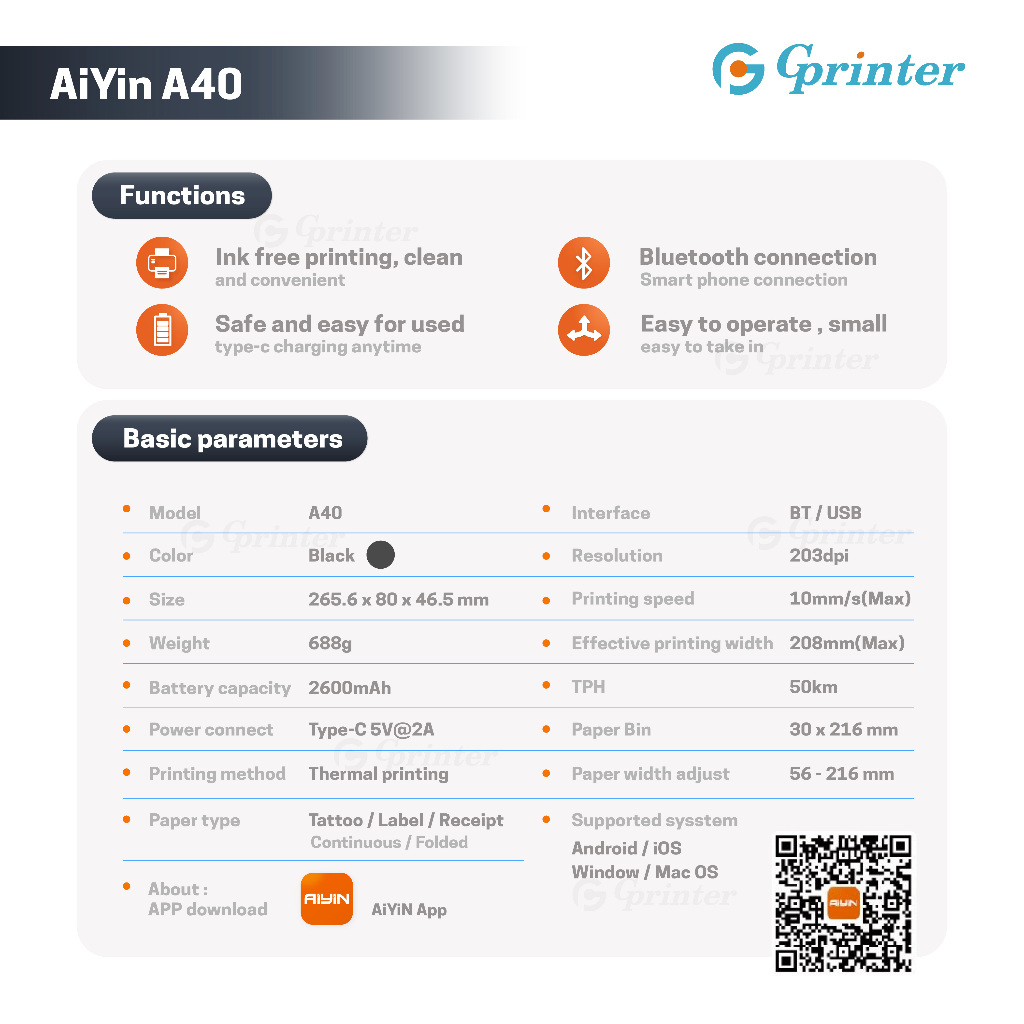 Gprinter เครื่องพิมพ์ลายสัก A40s เครื่องปริ้นความร้อน เครื่องพิมพ์ลอกลายสัก Tattoo Printer
