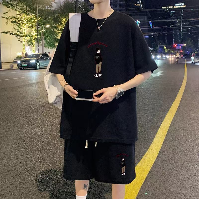 เสื้อเซ็ตผู้ชาย ชุดเซ็ต2ชิ้น เสื้อผ้าผู้ชาย พิมพ์ลาย เสื้อยืด คอกลมแขนสั้น+กางเกงขาสั้น ผ้าวาฟเฟิล ผ้านิ่ม สบาย