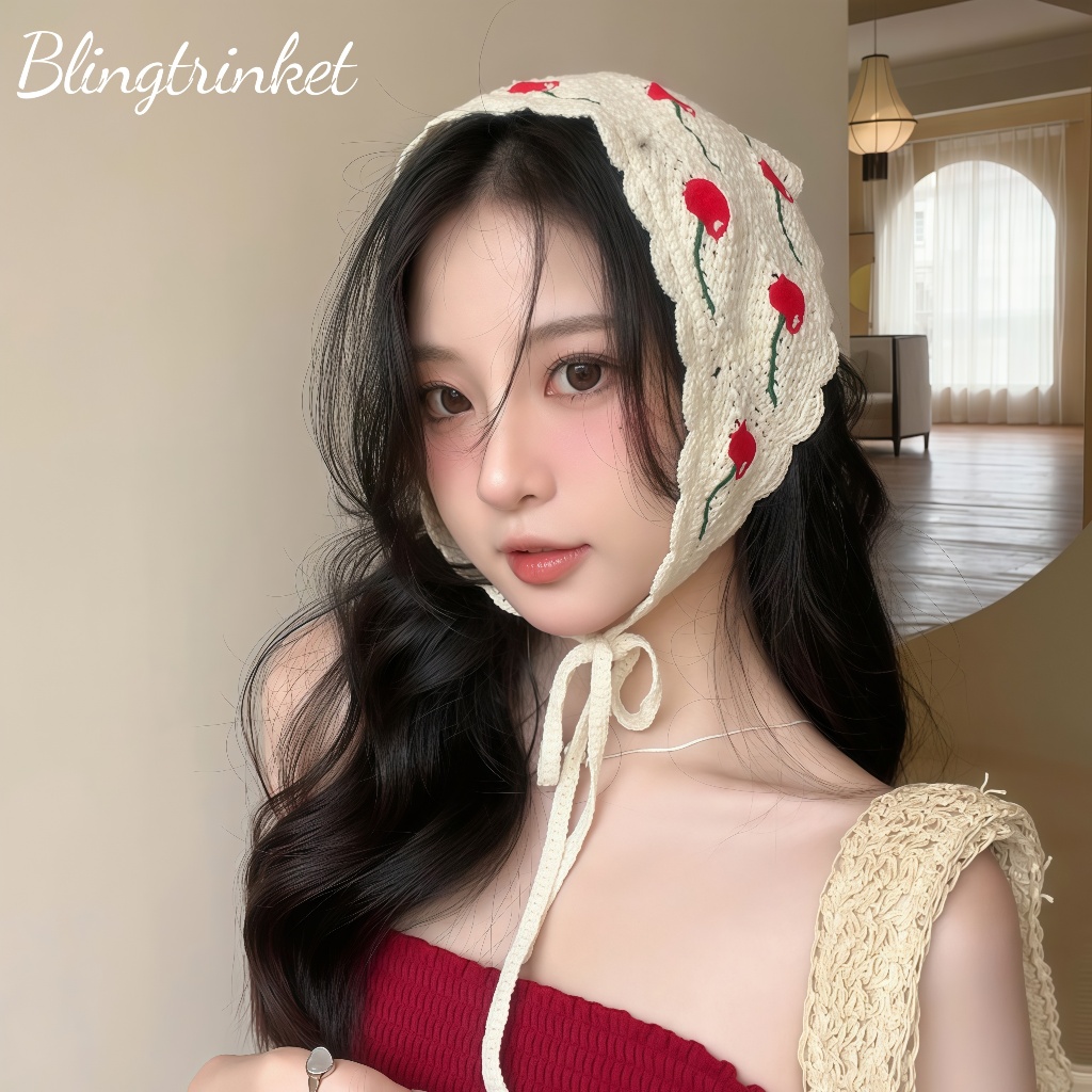เครื่องประดับแฟชั่น ลายเชอร์รี่แดง🍒 วรรณคดีและศิลปะย้อนยุค💖 หวานและน่ารัก ผ้าโพกศีรษะถัก