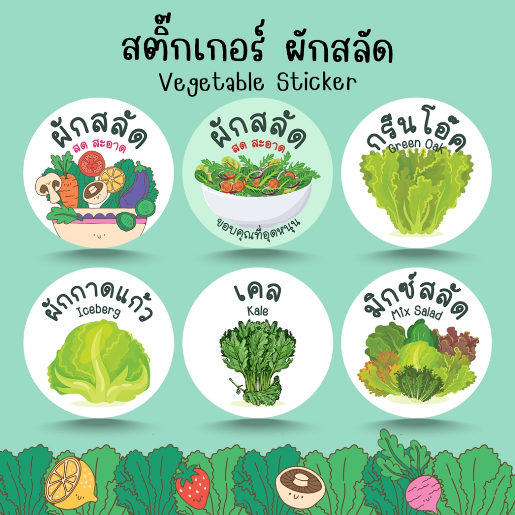 [โปร10แถม1] - สติ๊กเกอร์ ผักสลัด ผักสด เคล กรีนโอ๊ค ผักโขม Salad Vegetables Sticker ไดคัท