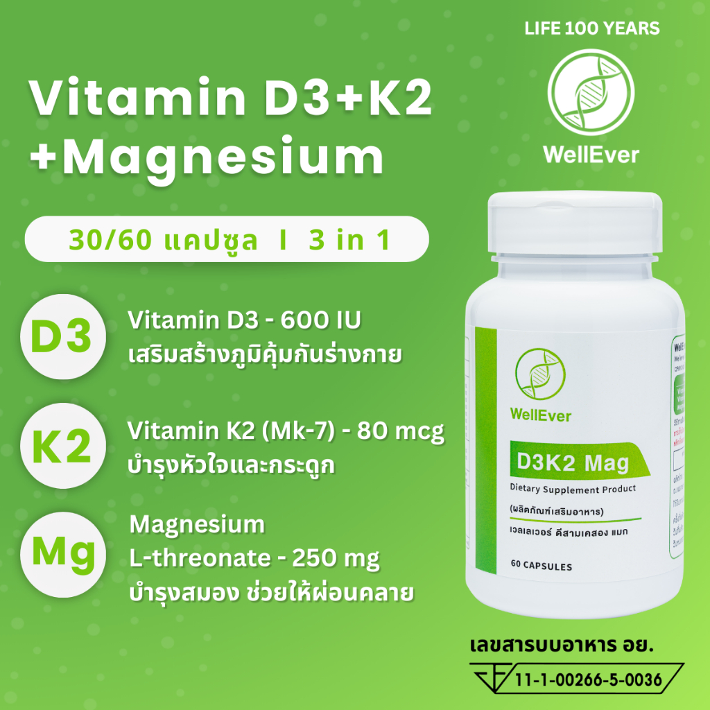 Vitamin D3, K2 & Magnesium (30/60 แคปซูล) WellEver Vitamin D3 600 IU, Vitamin K2 (Mk-7) 80mcg, Magne