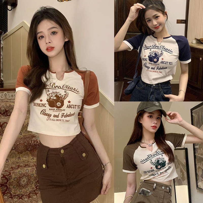 （จัดส่งจากประเทศไทย）LINDA HM Crop Top-ตัวอักษรแฟชั่นที่เรียบง่ายพิมพ์เสื้อยืดแขนสั้นสำหรับสุภาพสตรี #F041