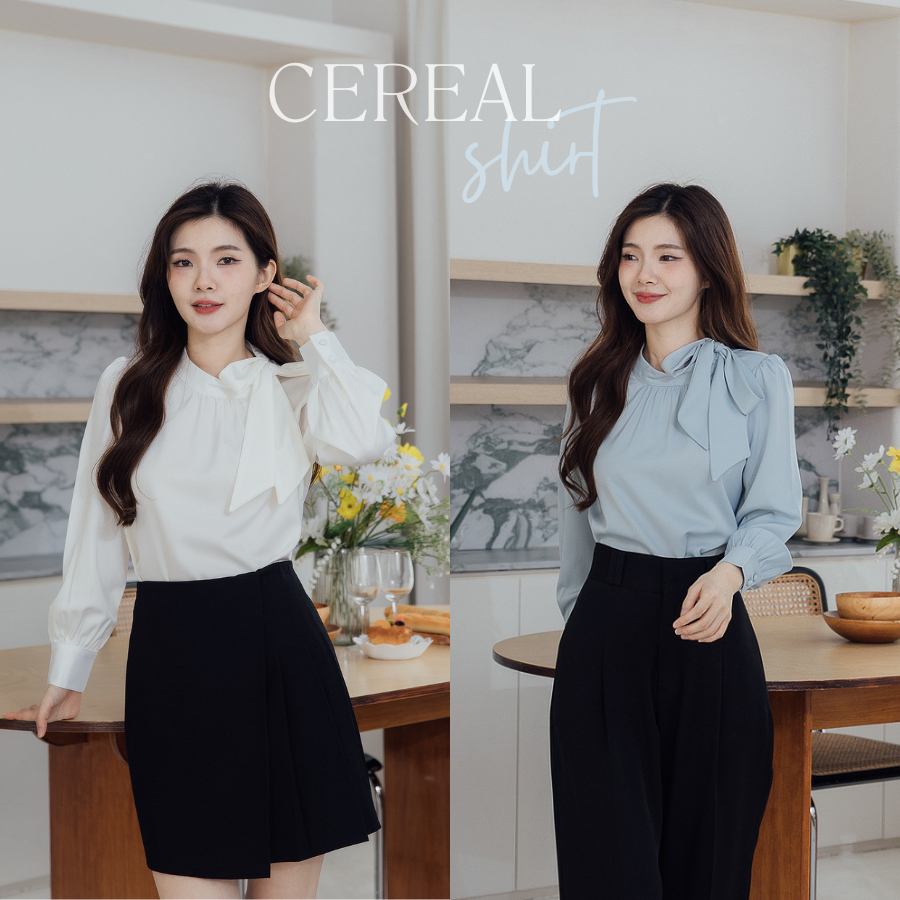 Onceandtwice | Cereal Shirt เสื้อเชิ้ตคอผูกโบว์ เสื้อเชิ้ตผู้หญิงแขนยาว ใส่ทำงาน ผ้าซาตินพรีเมี่ยมอย่างดี