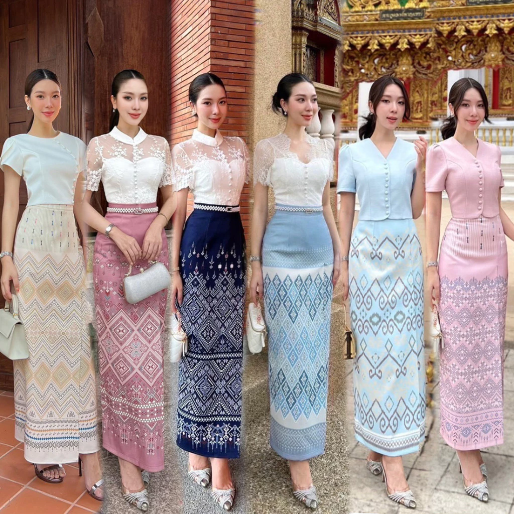 S-XXL✨เซทชุดไทยใส่ทำบุญ เสื้อ+ผ้าถุงพิมพ์ลายไทย สีกรม/ชมพู/ฟ้า/ครีม/เทา #Cherish #เสื้อลิซ่า #Abigail ชุดไปงานบวช