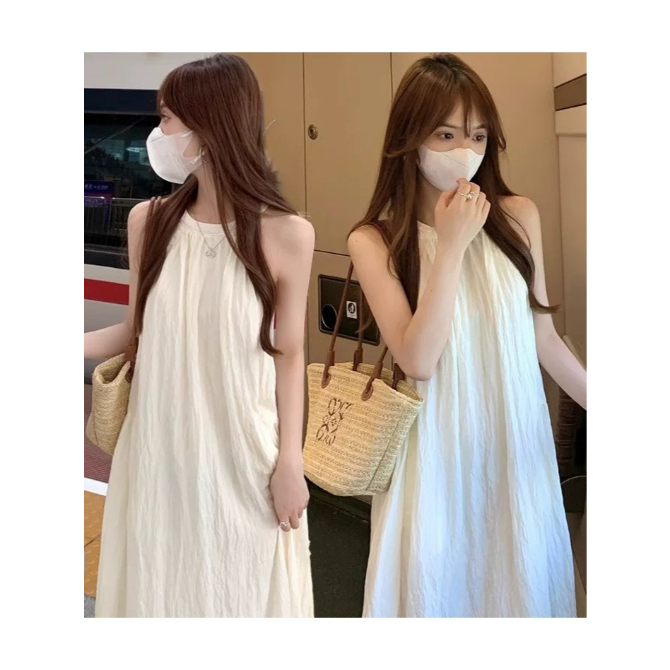 พร้อมส่ง✨ชุดเดรสยาว เดรสแขนกุด เนื้อผ้าใส่สบาย ชุดเที่ยวทะเล เดรสทรงหลวม  เดรสคอกลม