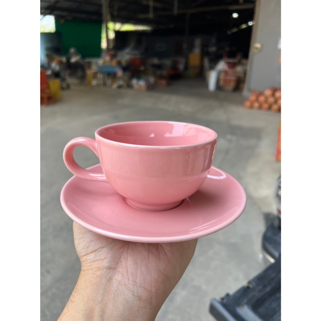 ชุดกาแฟ แก้วกาแฟร้อน แก้วลาเต้ร้อนแก้วอเมริกาโน่ร้อน สีชมพูล้วน ขนาด 8oz แก้วกาแฟเซรามิคพร้อมจานรอง เข้าไมโครเวฟได้ ออกใ