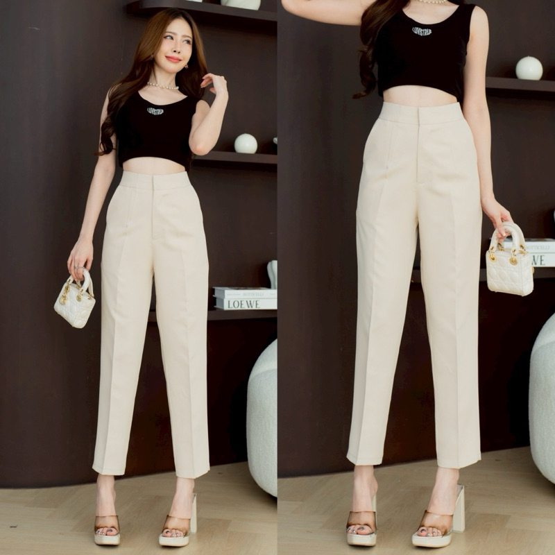 กางเกงทำงานทรงขากระบอกเล็กตะขอหน้าเอวสูง 9 ส่วน ผ้าไมโคร [ AC ] - 2