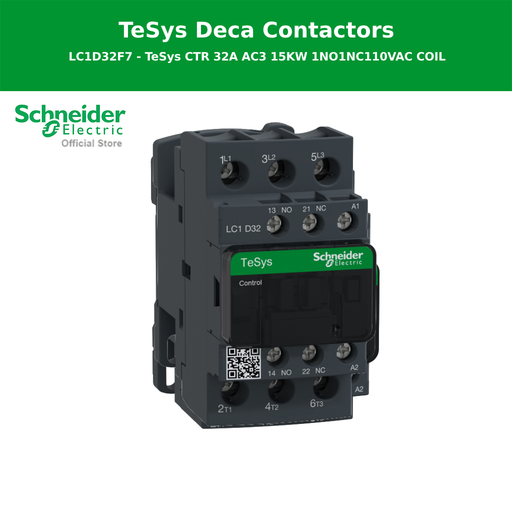 Schneider Electric Contactor, รุ่น Tesys Deca, 3P(3 NO), AC-3/AC-3e, 0 to 440V, 32A, 110VAC 50/60Hz 