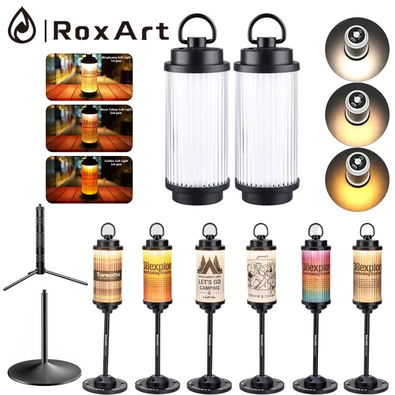 Roxart ตะเกียง 2000mAh ไฟแคมป์ ไฟฉาย+ขาตั้ง+อุปกรณ์เสริม โคมไฟฉุกเฉินตะเกียงปรับความสว่างได้ 5 โหมด