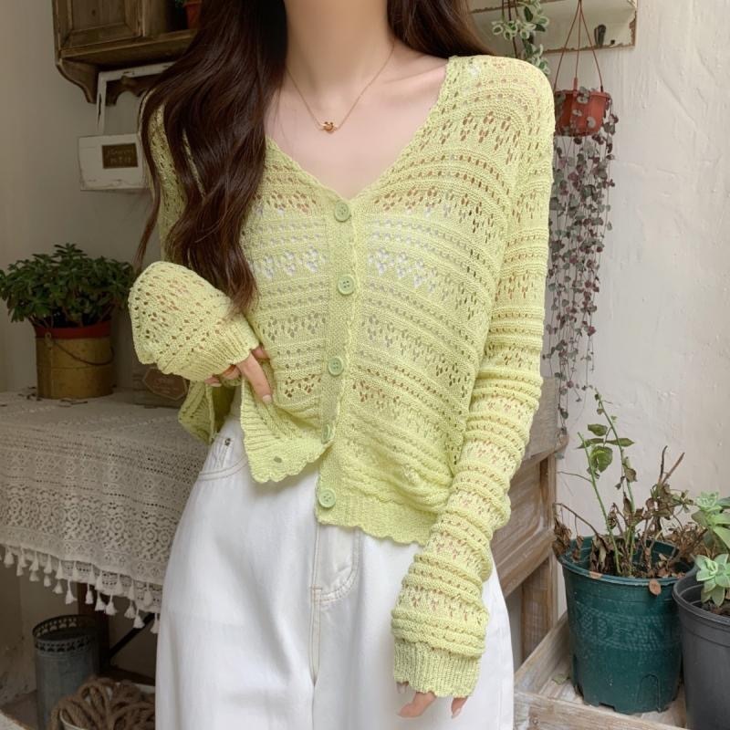 เสื้อไหมพรม แขนยาว กระดุมหน้า คอวี ตาข่าย เบาบาง สวมใส่สบาย