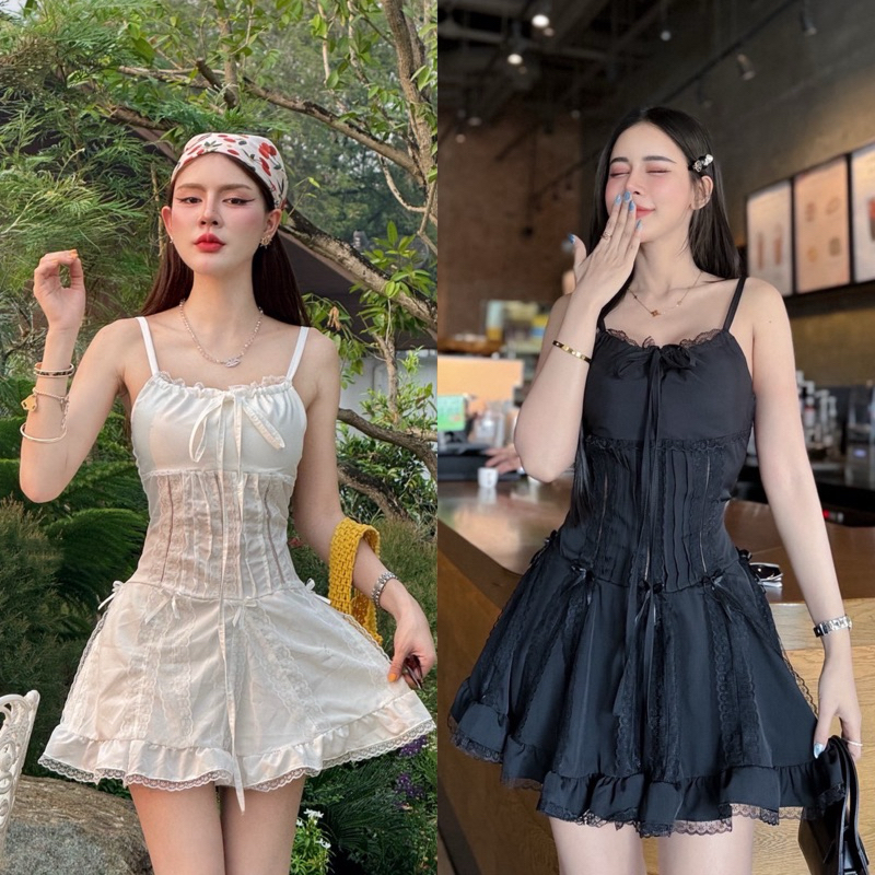 Teera❤️พร้อมส่ง✨มินิเดรส ดีเทลลูกเล่นเก๋ๆ แต่งลูกไม้แบบอลังการล้านแปดมากก สายปรับระดับความยาวได้ กระโปรงมีซับใน💕goodluck