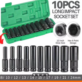 ชุดลูกบล็อกยาว 4หุน ลูกบล็อคลมยาว 10ชิ้น 【8-10-12-13-14-15-17-19-21-24mm】ชุดบล็อกลม CR-V