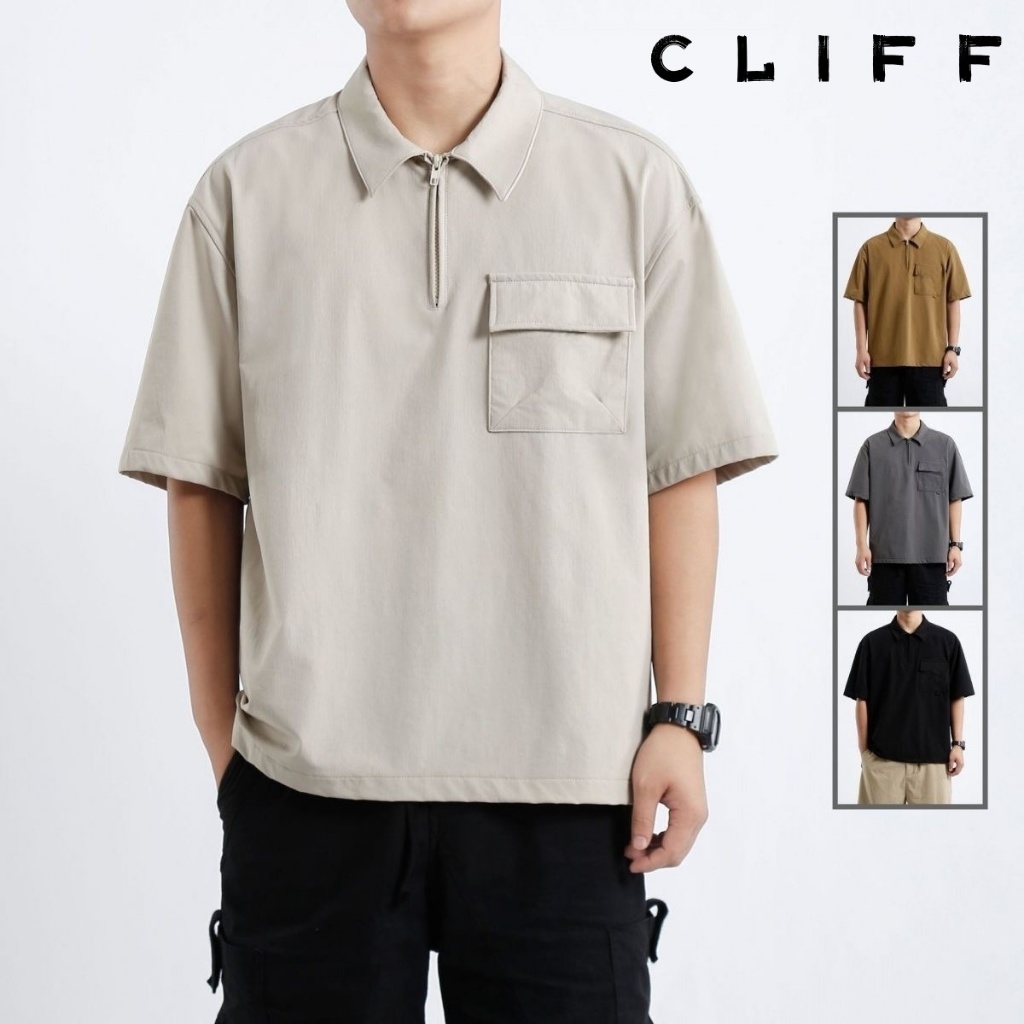 CLIFF เสื้อโปโล เสื้อเชิ้ตผู้ชาย มีกระเป๋าซิป สไตล์อเมริกันวินเทจ ระบายอากาศได้ดีใส่สบาย เรียบง่ายแมทช์ง่าย