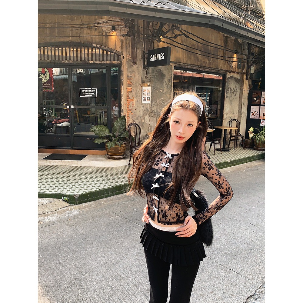 Cicishop(Y6239) Set 2 ชิ้น เกาะอก+เสื้อคลุมผ้าซีทรูแขนยาวลายลูกไม้ ดีเทลติดโบว์น่ารักใสๆ กระดุมใช้งานได้จริง - รูปที่ 6