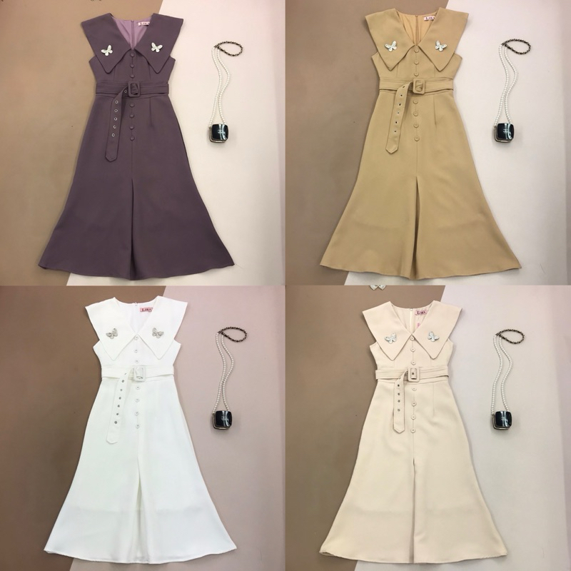 [LISA] A0949 ชุดเดรสกระโปรงยาวแขนกุดคอปกใหญ่ดีเทลแต่งเข็มกลัดผีเสื้อกระดุมหน้า+เข็มขัด ใส่เที่ยว ออกงาน คาเฟ่ ดินเนอร์