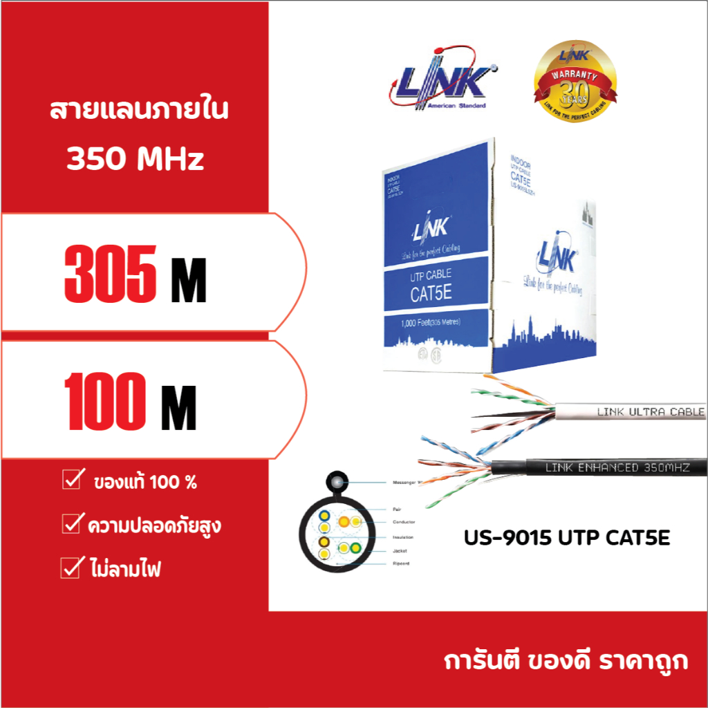 US-9015 , US-9015-1 สายแลนภายใน UTP CAT5E 350MHz (305M.//100M.BOX) ″LINK″