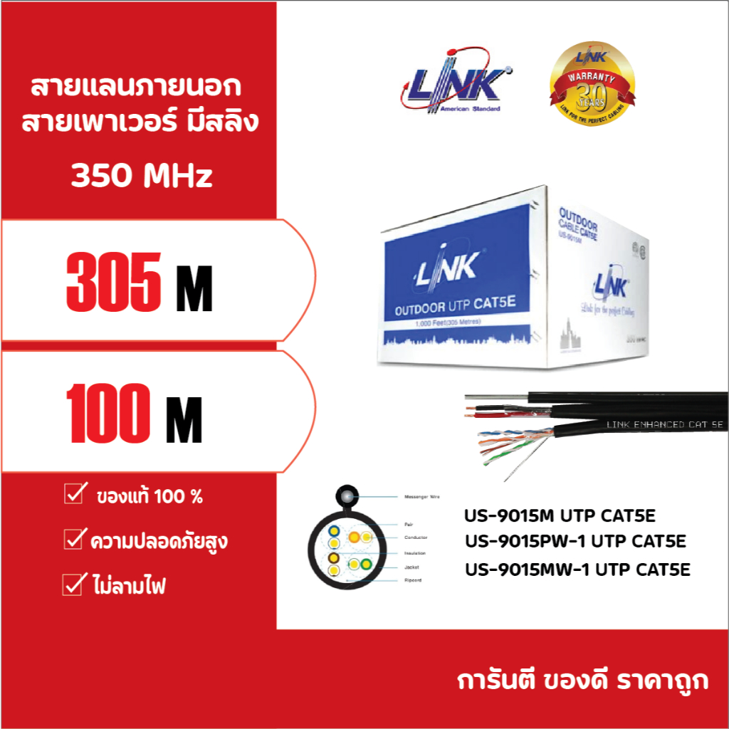 US-9015M , US-9015MW , US-9015PW สายแลนภายนอก UTP CAT5E 350MHz (305M.//100M.BOX) ″LINK″