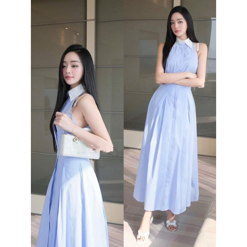 D8 มาเพิ่มแล้ว งานป้าย Chalida Dress ชุดเดรสยาวคอปกลายทาง สำหรับผู้หญิง เสื้อผ้าแฟชั่นผู้หญิง ไซส์ S-XL